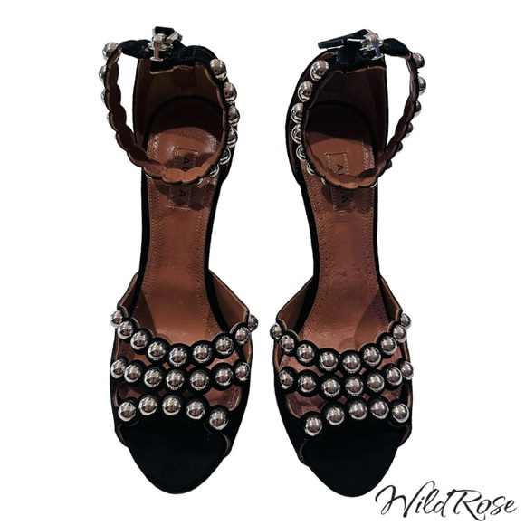 Alaia Black Suede Studded Ankle Strap Sandals Heels Size 36 - Picture 5 of 16